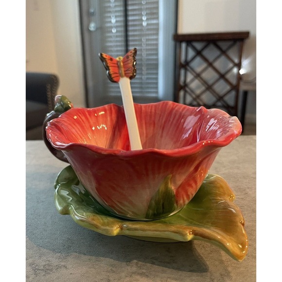 Flower Teacup, Leaf Saucer & Butterfly Spoon 3-Pc Set by Corner Ruby - Picture 1 of 14